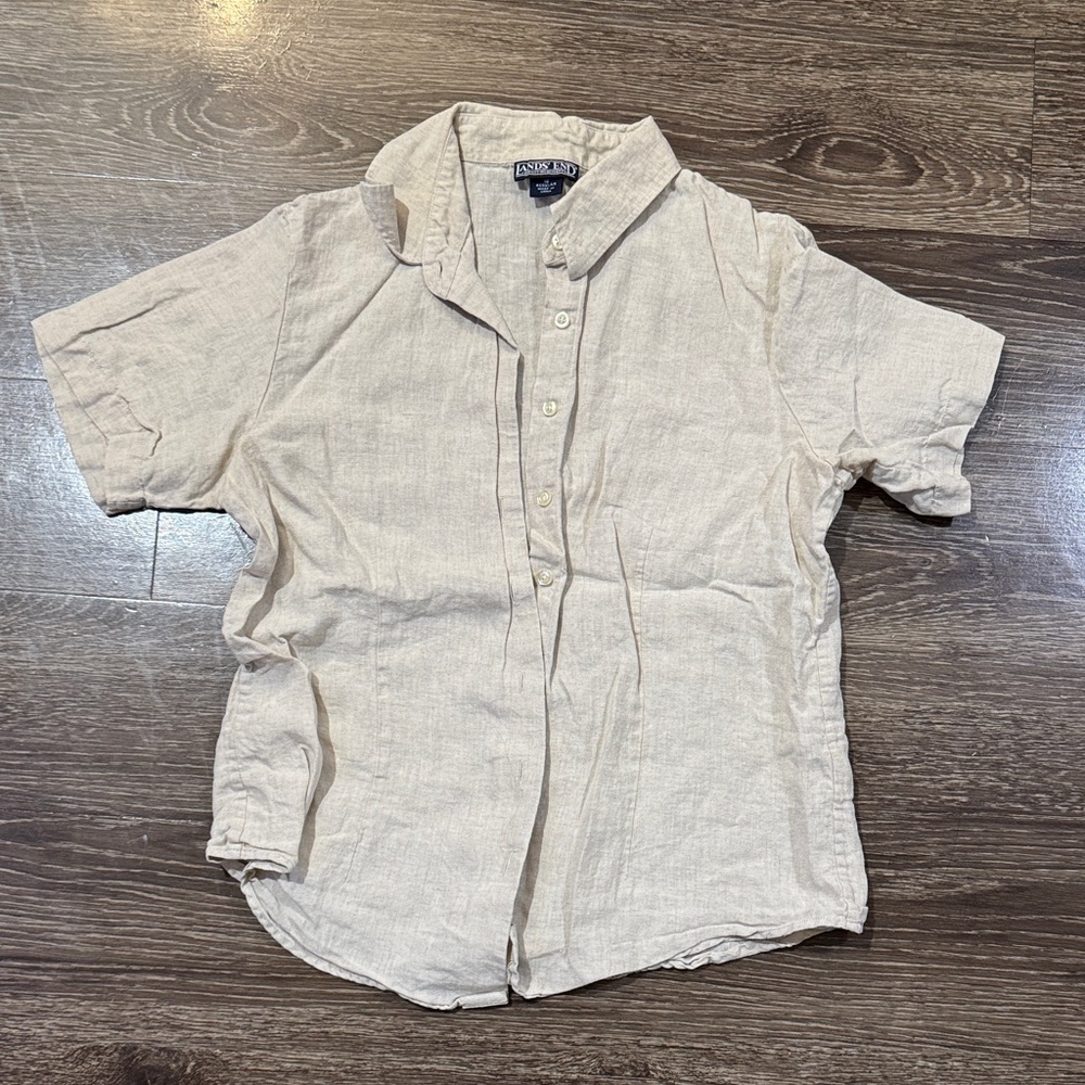 Land’s End women’s Short-Sleeve 100% Linen Button-Down in Beige
